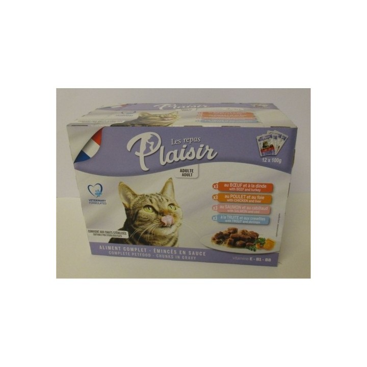 Plaisir 100g x 12ks kapsička / 3x hovězí, 3x kuřecí, 3x losos, 3x pstruh cat