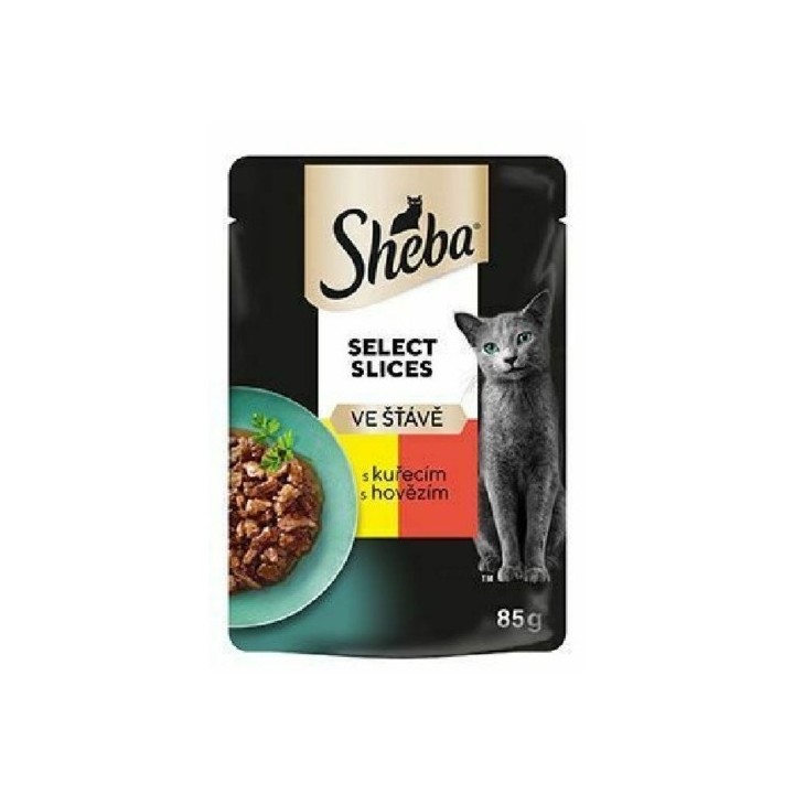 Sheba Select Slices 85g s kuřecím a hovězím masem ve šťávě kapsička cat