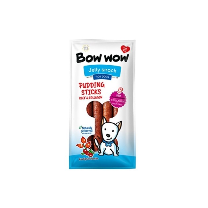Bow Wow Jelly snack Pudding sticks (s hovězím, kolagenem, šípkem a brusinkami) 6ks/bal.