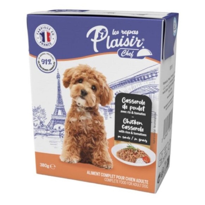 Plaisir Chef 380g TETRAPACK pro dospělé psy Kuře s rýží a rajčaty v omáčce  AKCE