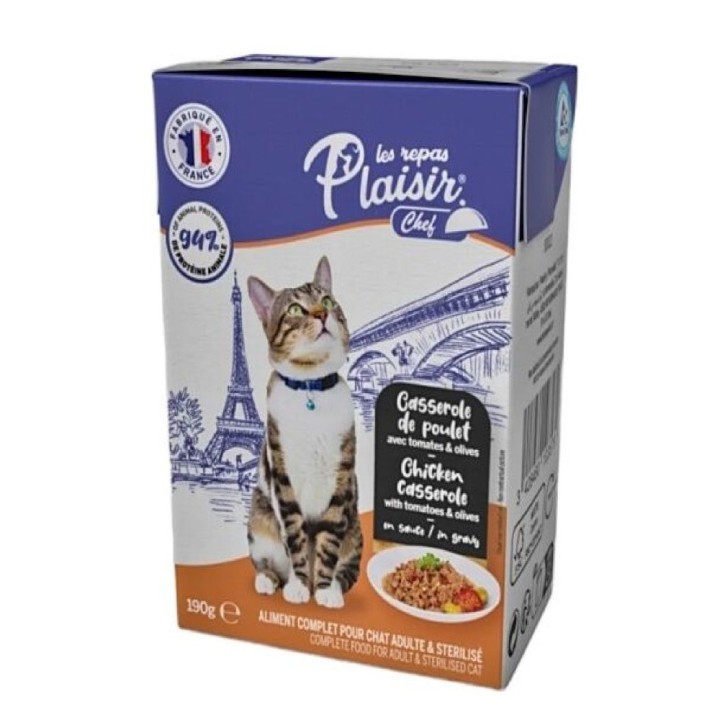 Plaisir Chef 190g TETRAPACK pro dospělé kočky Kuřecí s rajčaty a olivami v omáčce  AKCE
