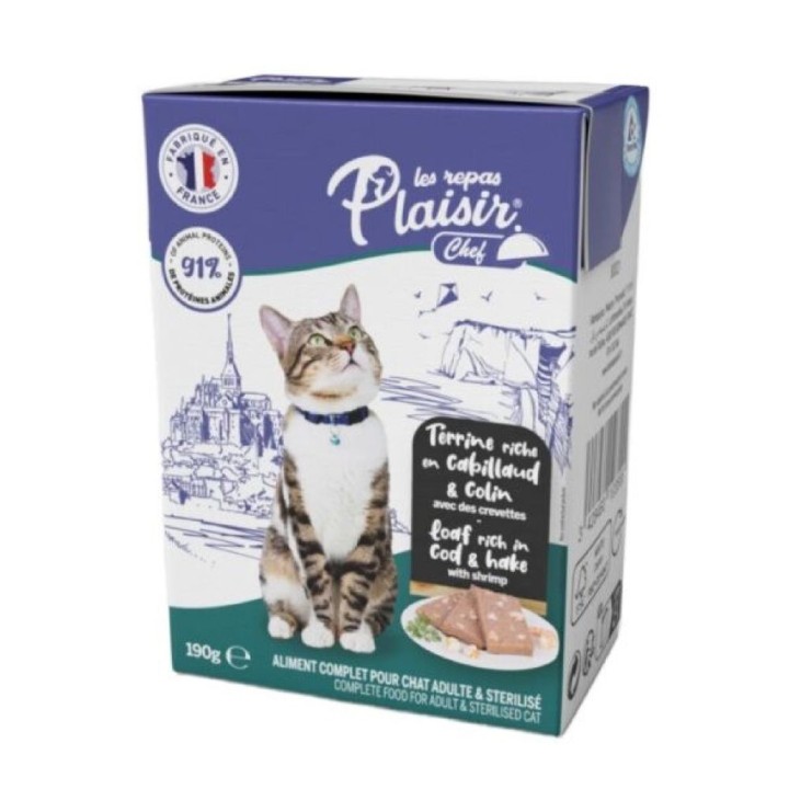 Plaisir Chef 190g TETRAPACK pro dospělé kočky Treska se štikozubcem a krevetami PATÉ AKCE